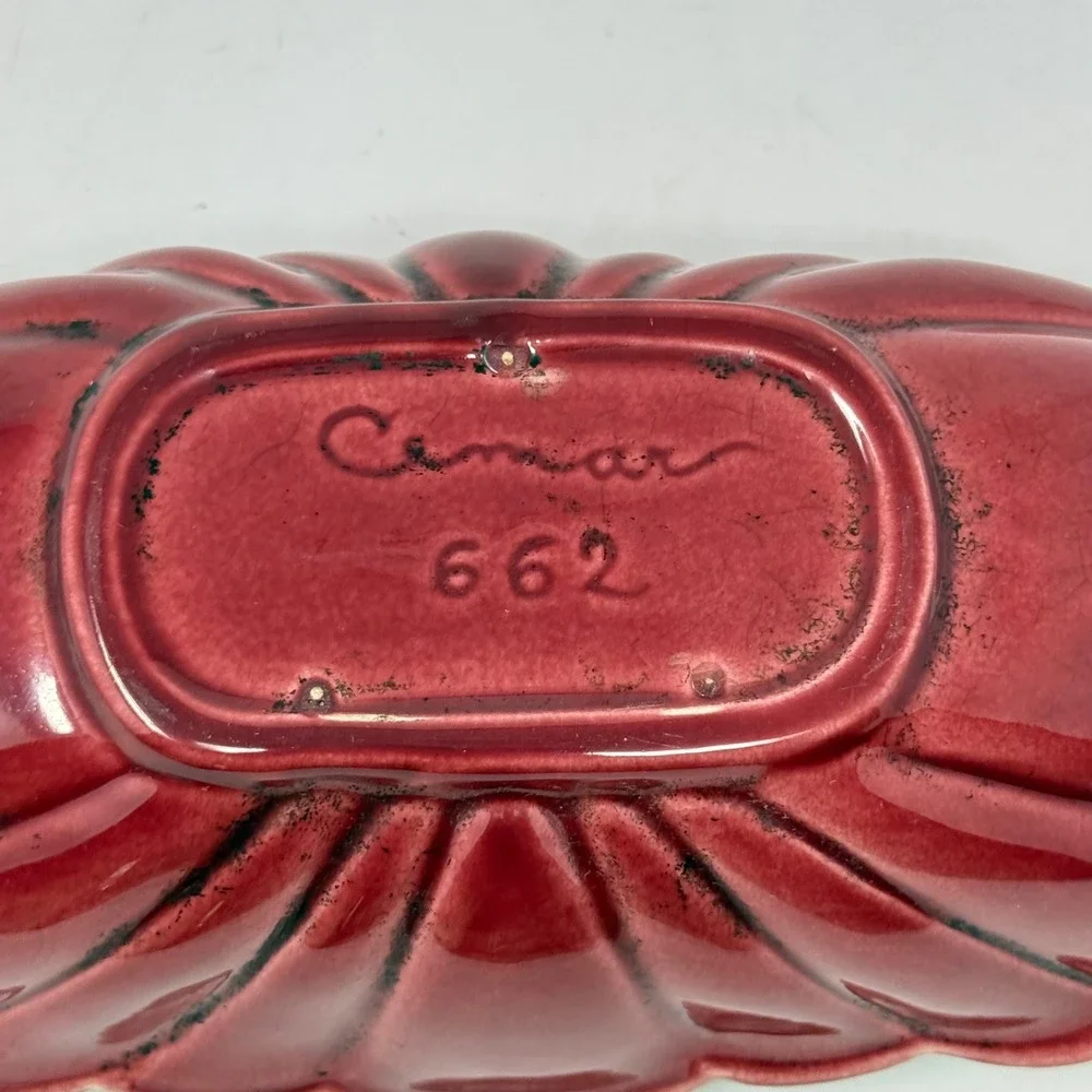 Cemar 662 Vintage Scalloped Ceramic Bowl Burgundy Green California Pottery MCM